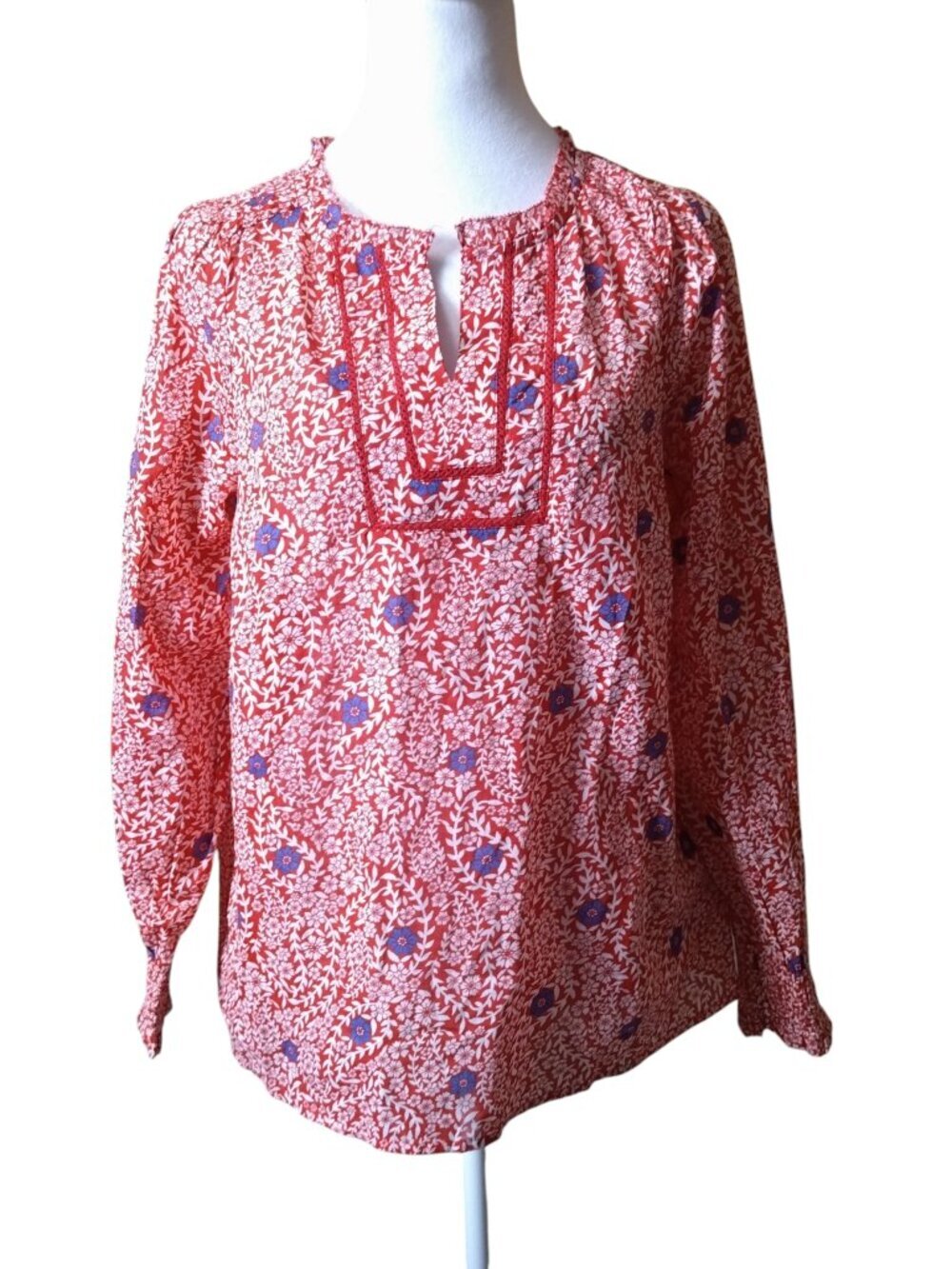 Talbots Size Small Red Floral Top Smocked Sleeve Cotton Peasant Blouse Top